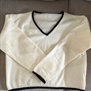 Women’s Cream V-Neck Sweater with Black Trim